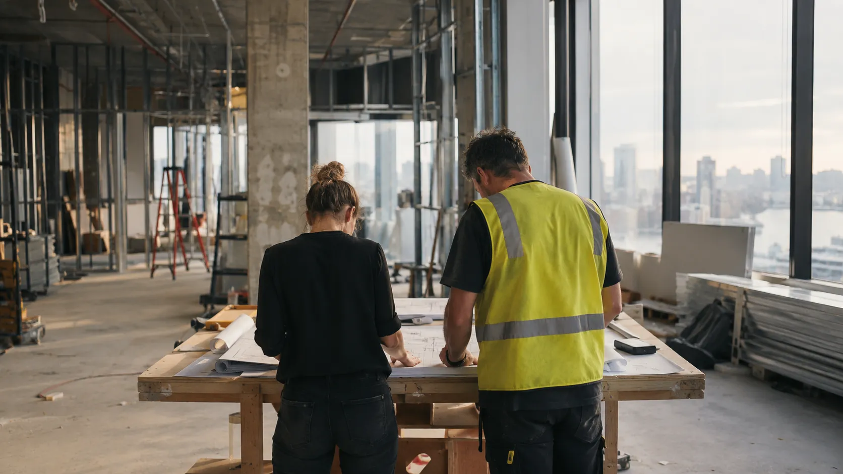 A designer and a builder in a hi-vis vest reviewing plans on a trestle table in a bare high-rise fit-out with city views