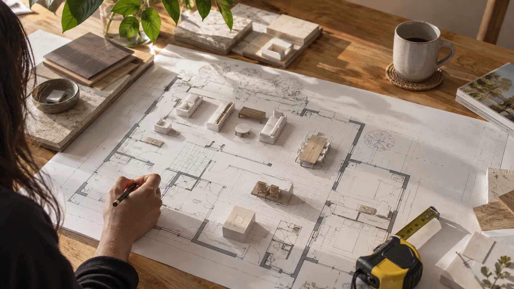 A hand drawing on a house floor plan covered with small white furniture models, with material samples, a measuring tape and a coffee mug beside it