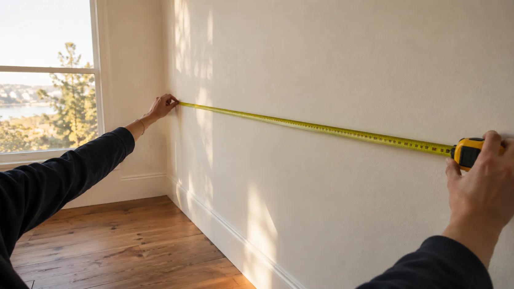 Two hands holding a yellow tape measure along a wall of an empty room with timber floorboards and a window onto trees and water