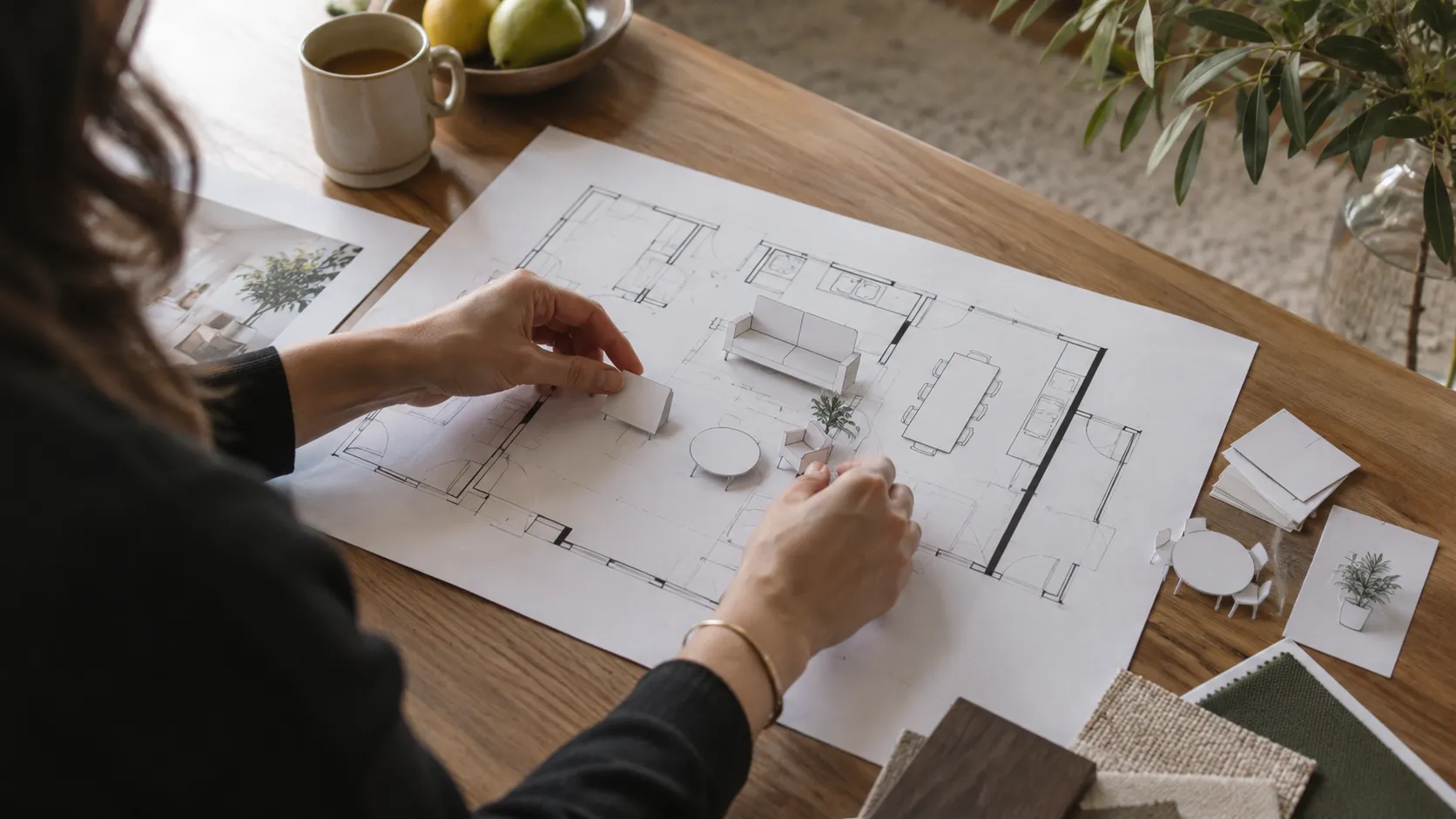 Hands placing small paper furniture models onto a printed floor plan on a timber table, with fabric swatches and a bowl of pears nearby