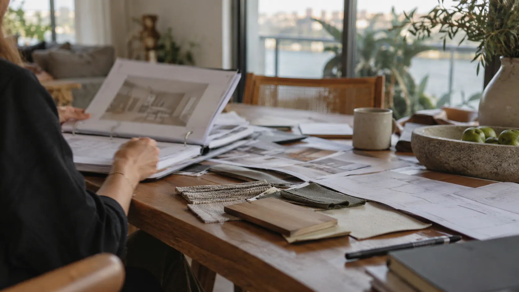 A table covered with plans, fabric and timber samples and an open folder showing a drawing, with a harbour view beyond a sofa