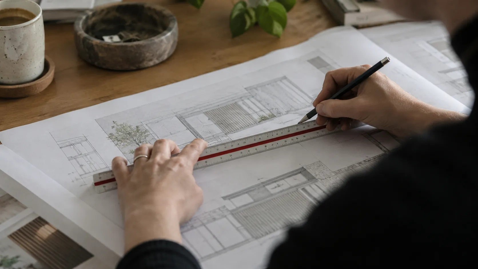Hands drawing with a pencil and scale ruler on architectural elevation drawings of a building, with a coffee cup and a stone bowl nearby
