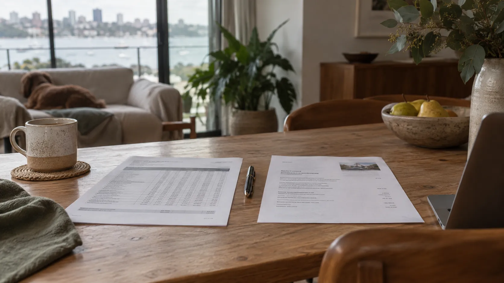 Two printed documents, one a table of figures and one a letter-style page, lying on a timber table beside a pen, a mug and a laptop