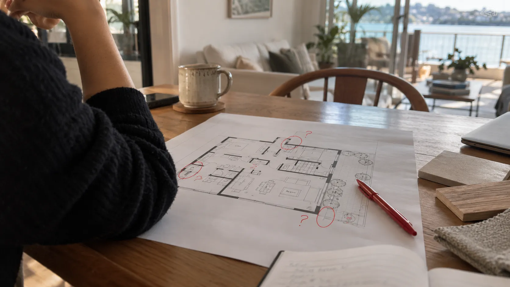 A person resting their head on one hand beside a floor plan marked with red circles and question marks, with a red pen and notebook on the table