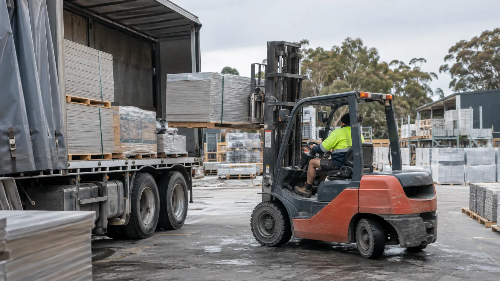 A forklift driver unloading pallets of boards from a curtain-sided truck in an outdoor building-materials yard