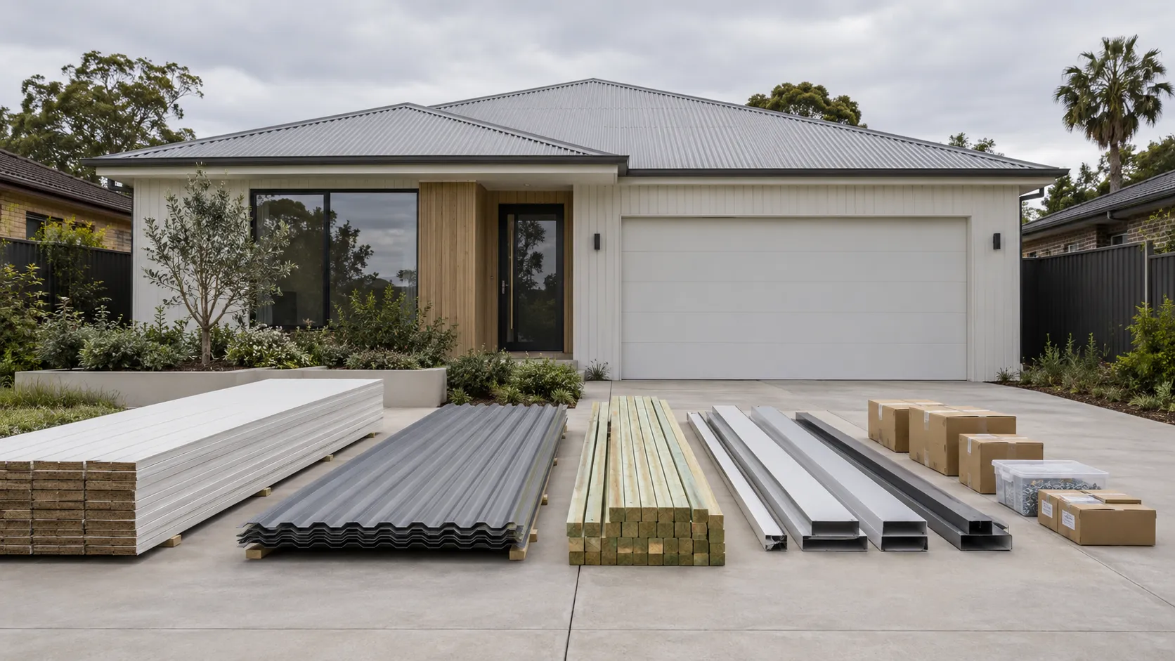 A modern single-storey house with garage, with sheets, roofing, timber, metal sections and boxed materials laid out on the driveway