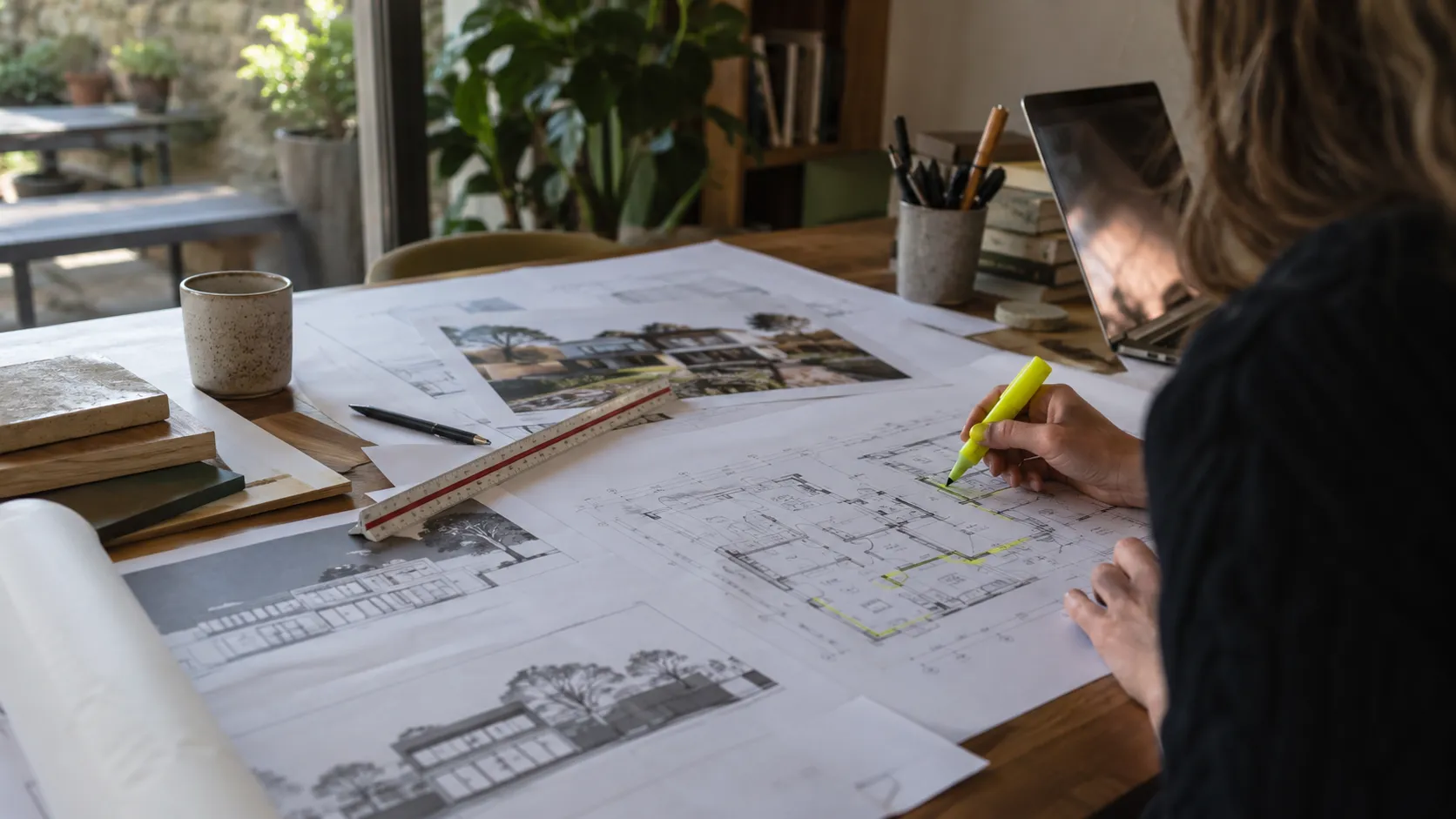 A woman highlighting a floor plan with a yellow marker among architectural drawings, an architect’s scale ruler and material samples