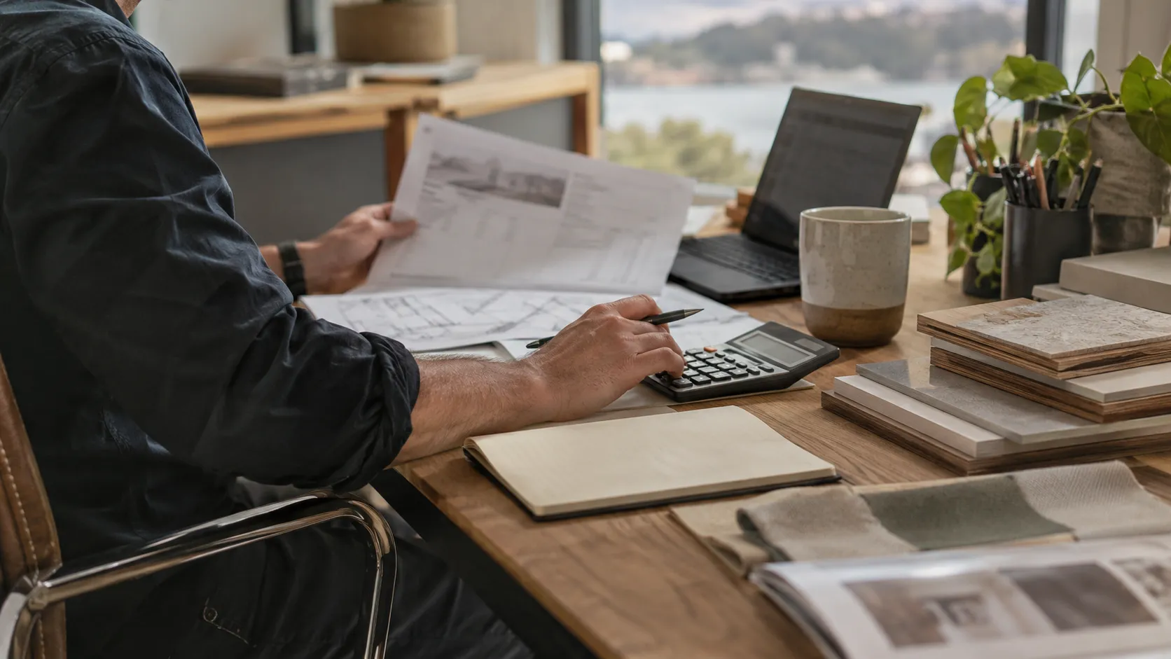 A person checking printed plans and working a calculator at a desk beside a laptop, notebook and stacked material samples