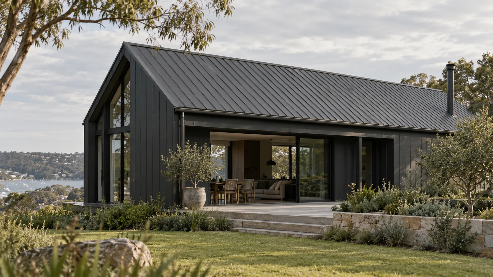 A modern dark-clad house with a standing-seam metal roof and a glazed living area, set on a harbour-view hillside