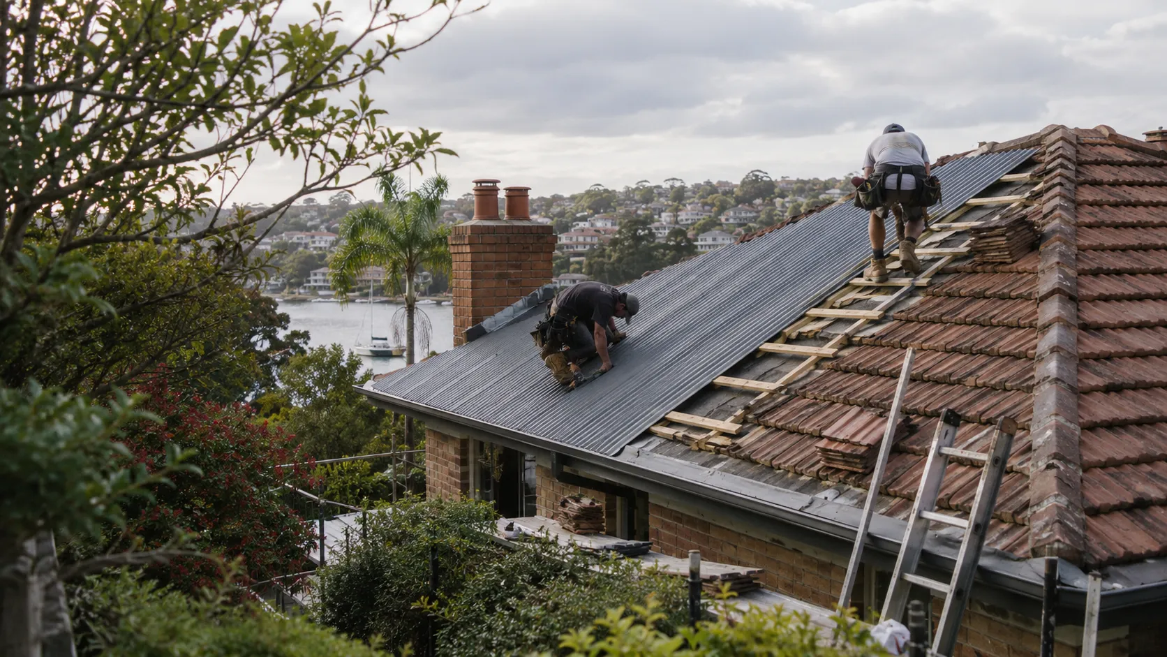 Two roofers re-roofing a waterfront house, laying new metal sheeting beside the old terracotta tiles, with ladders against the roof