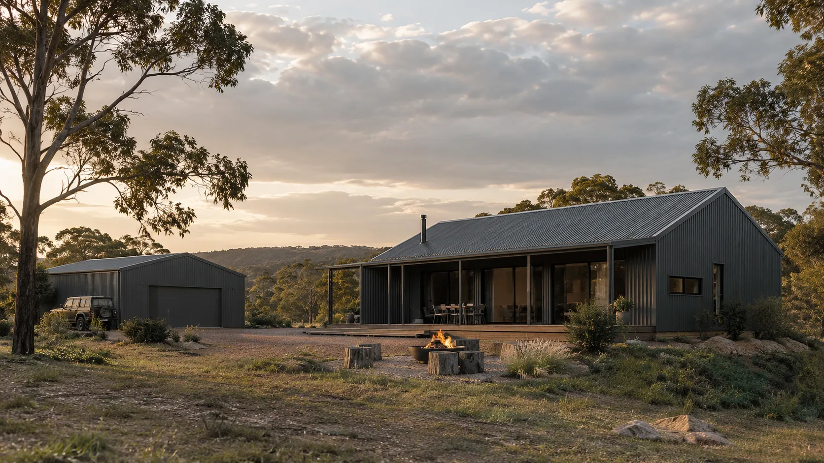 A rural dark-clad house with a corrugated metal roof and veranda, a shed, a vehicle and a firepit at sunset