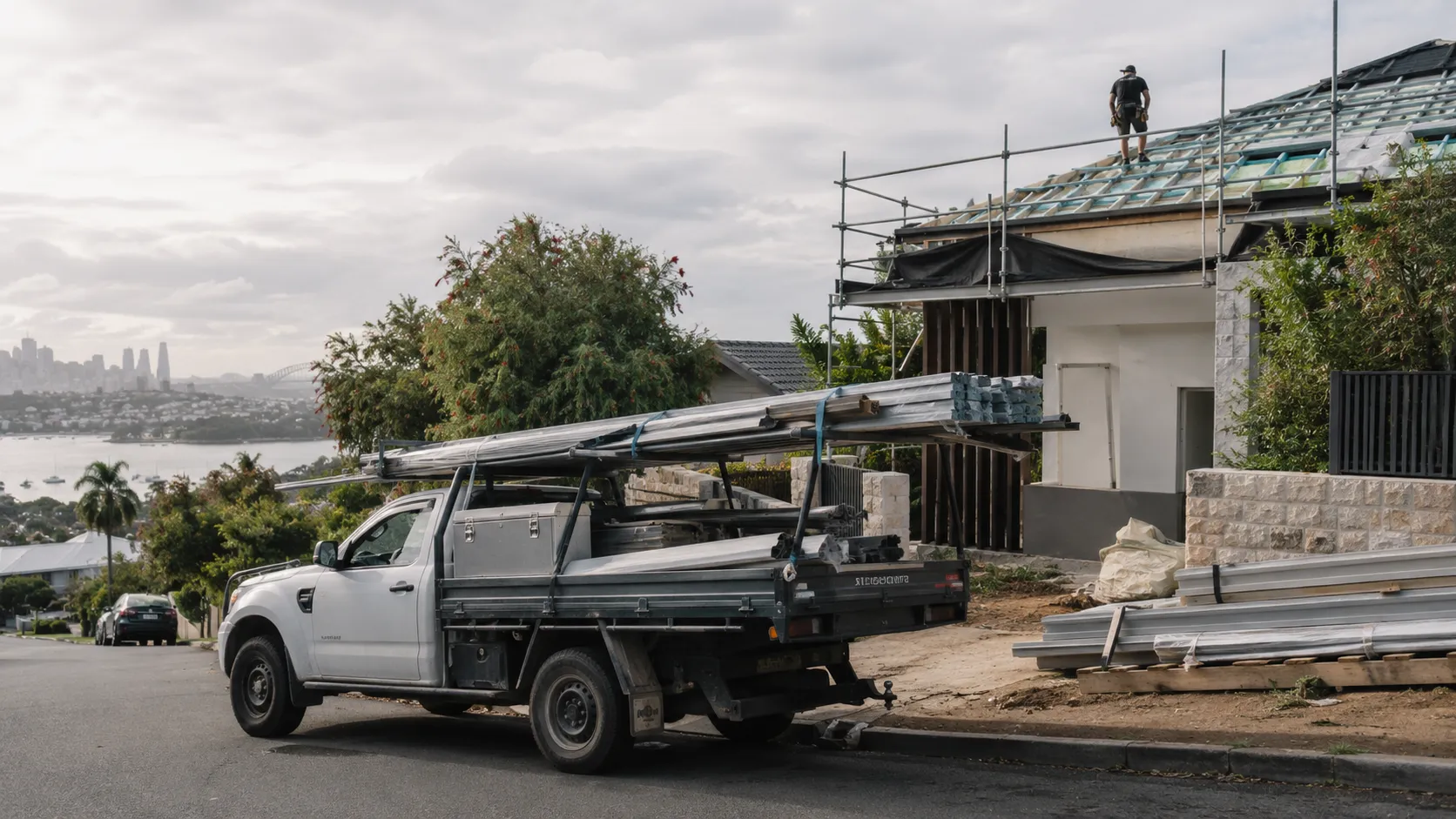 A ute loaded with roofing sheets parked outside a house under renovation, with a worker on the scaffolded roof above