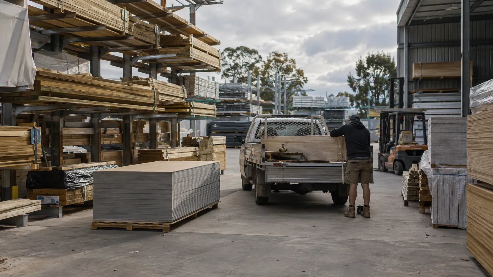 A worker loading a ute with boards beside a pallet of sheet material at a timber and building supply yard