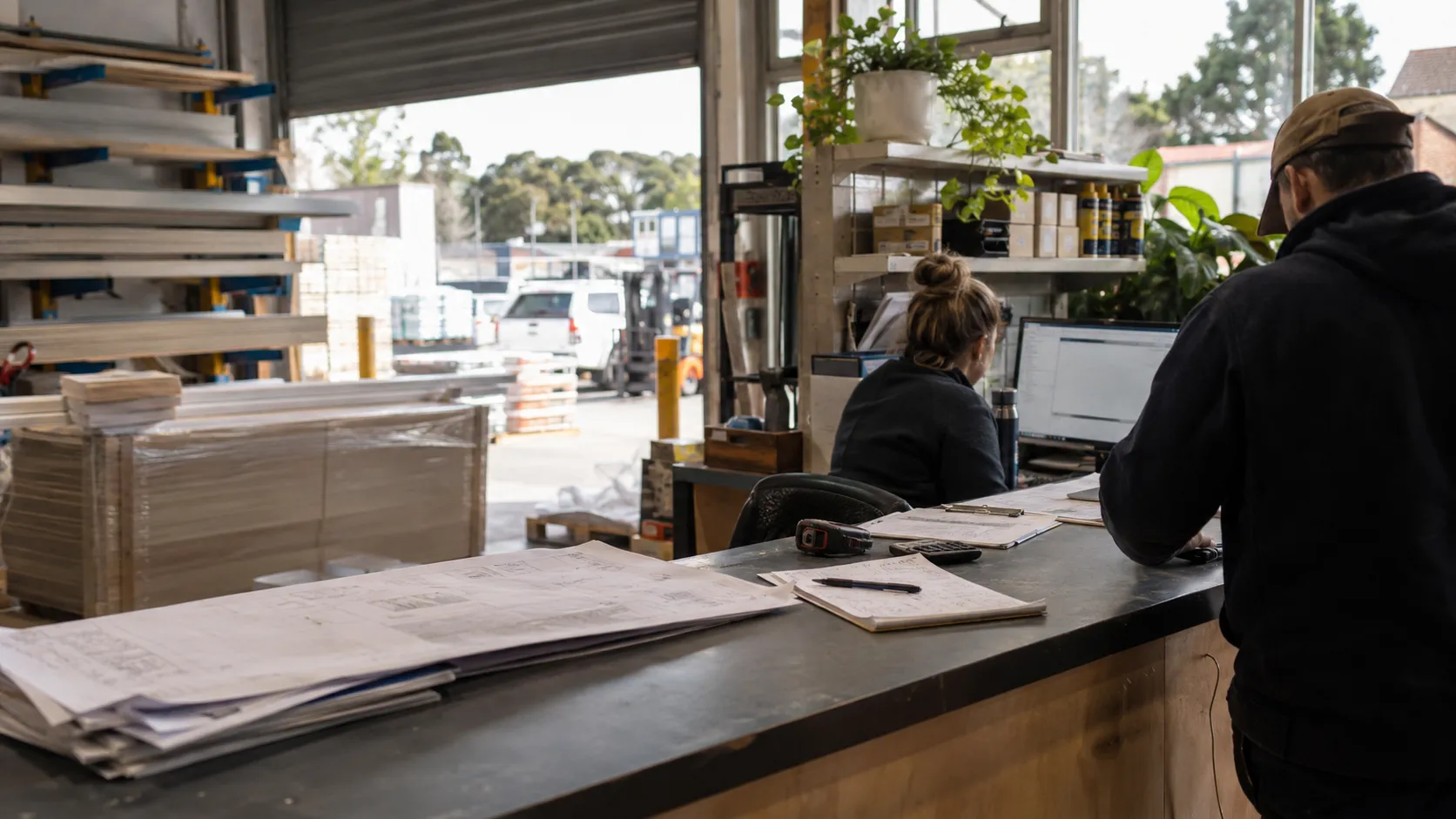 Two staff members working at a trade counter in a building supply depot, with plans and a notebook on the bench
