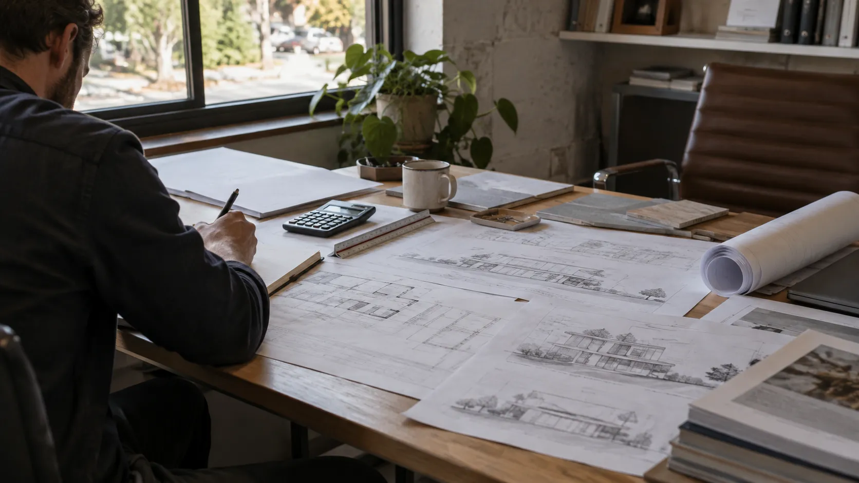 A man sketching on architectural drawings spread across a timber desk, with a calculator, scale ruler and coffee mug