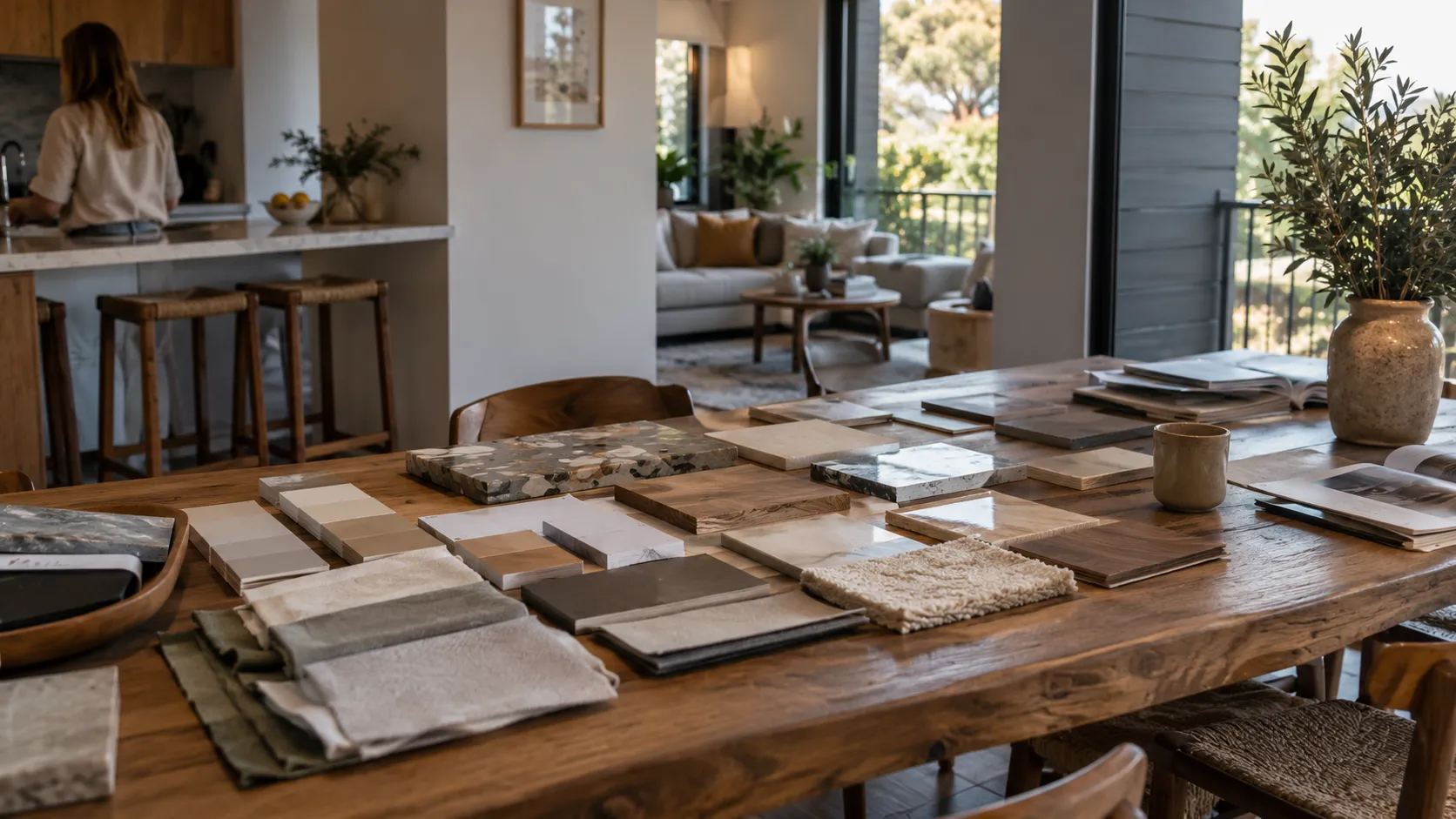 A long timber dining table covered with floor, tile, stone and fabric samples, with a living area and kitchen beyond