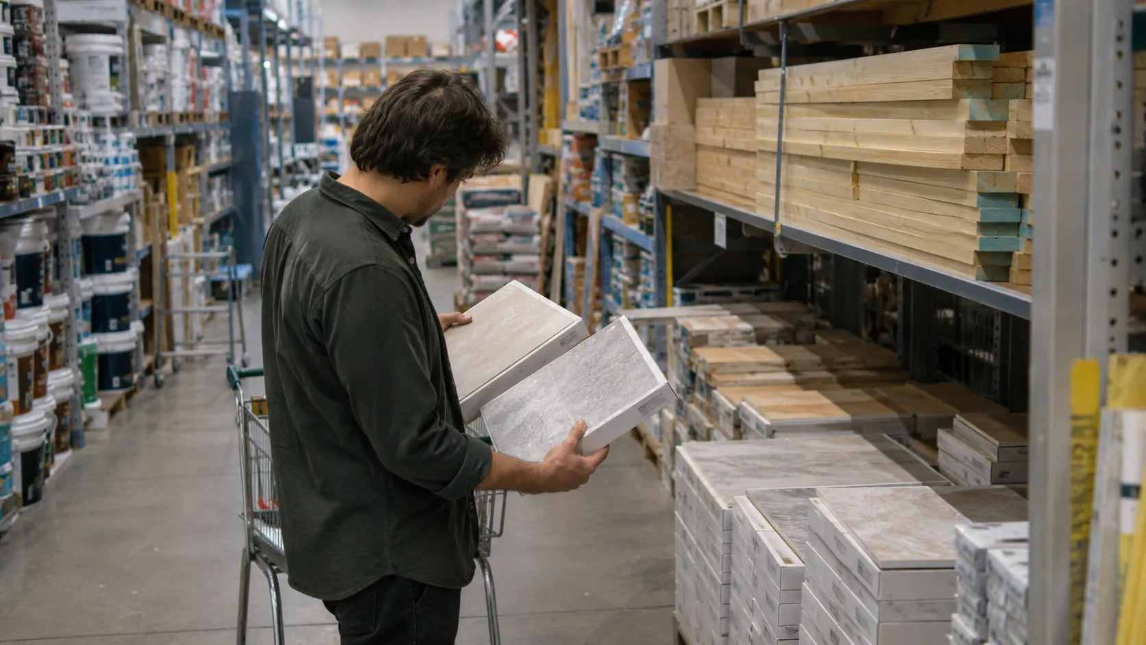 A shopper beside a trolley comparing two stone-look tiles in a hardware store aisle stocked with timber, tiles and paint