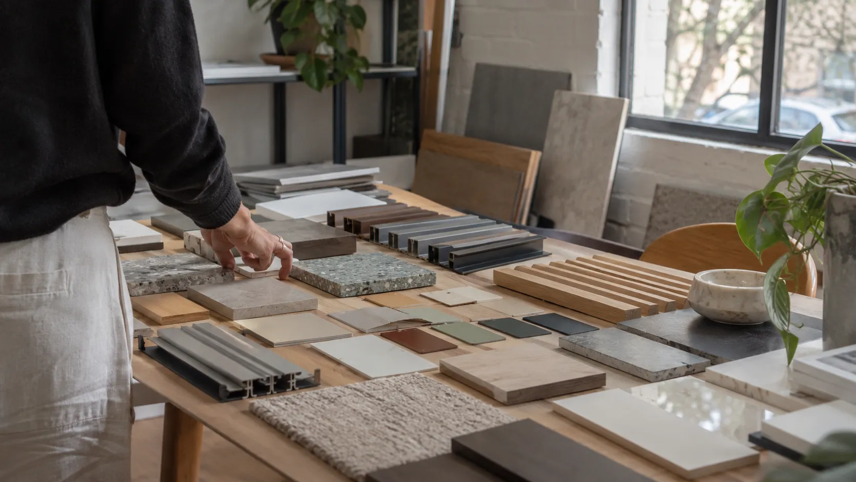 A designer’s table laid out with many stone, timber, tile, carpet and metal-profile material samples in a bright studio