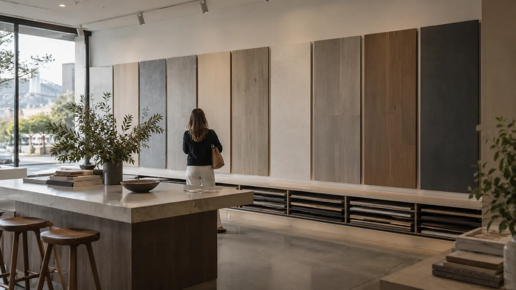 A visitor viewing a showroom wall of tall floor-plank samples in oak, grey and charcoal tones, with a stone counter nearby