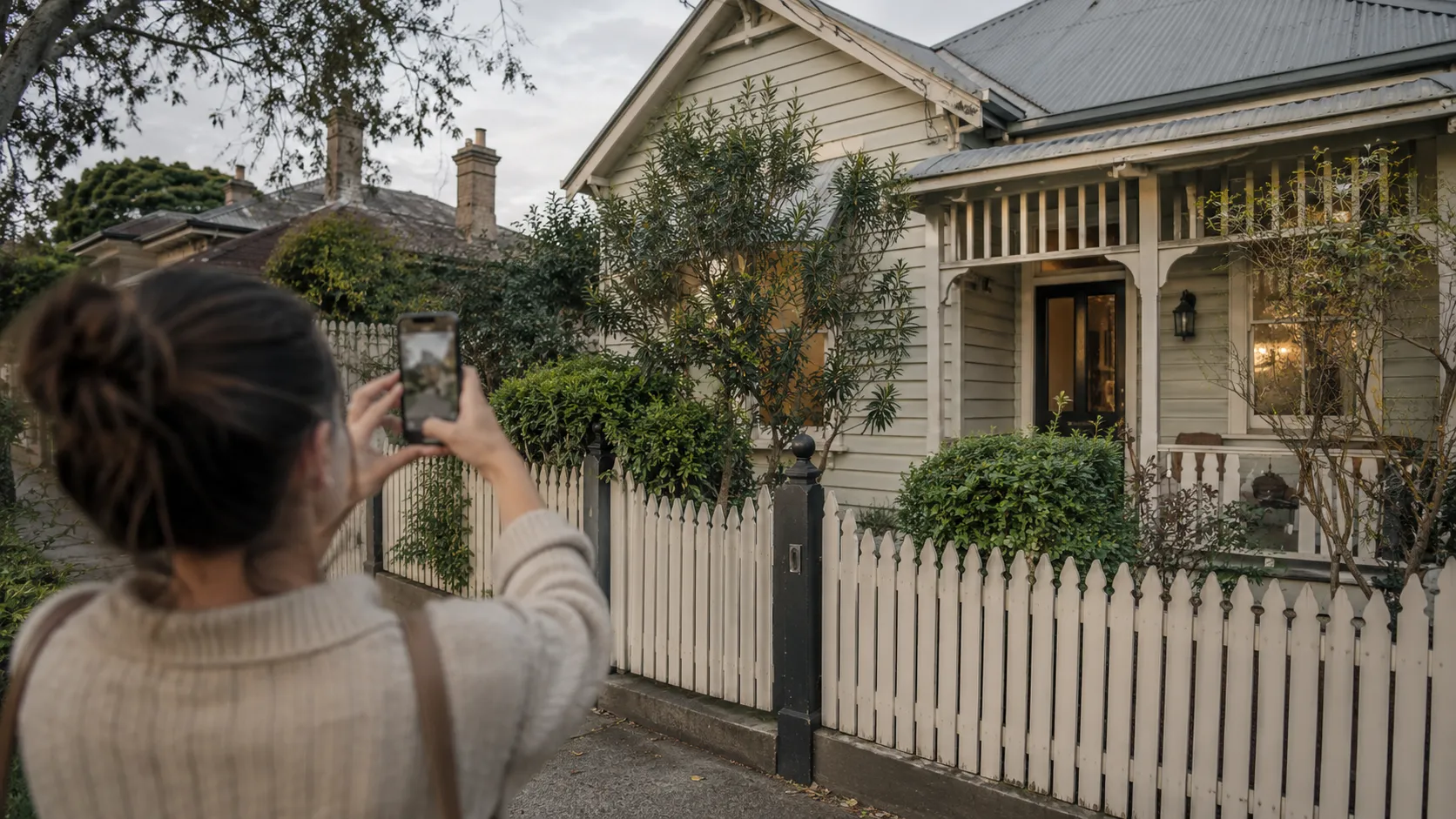 A woman photographing a weatherboard cottage with a veranda and white picket fence on her phone