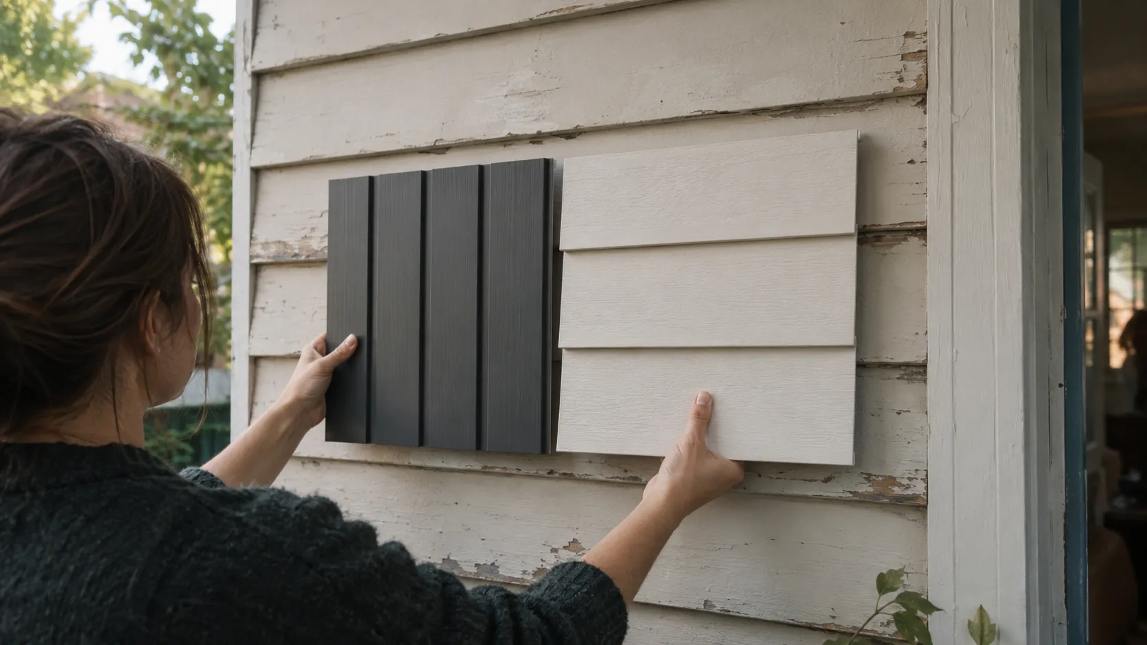 A woman holding dark vertical-board and pale horizontal-board cladding samples against the peeling wall of a weatherboard house