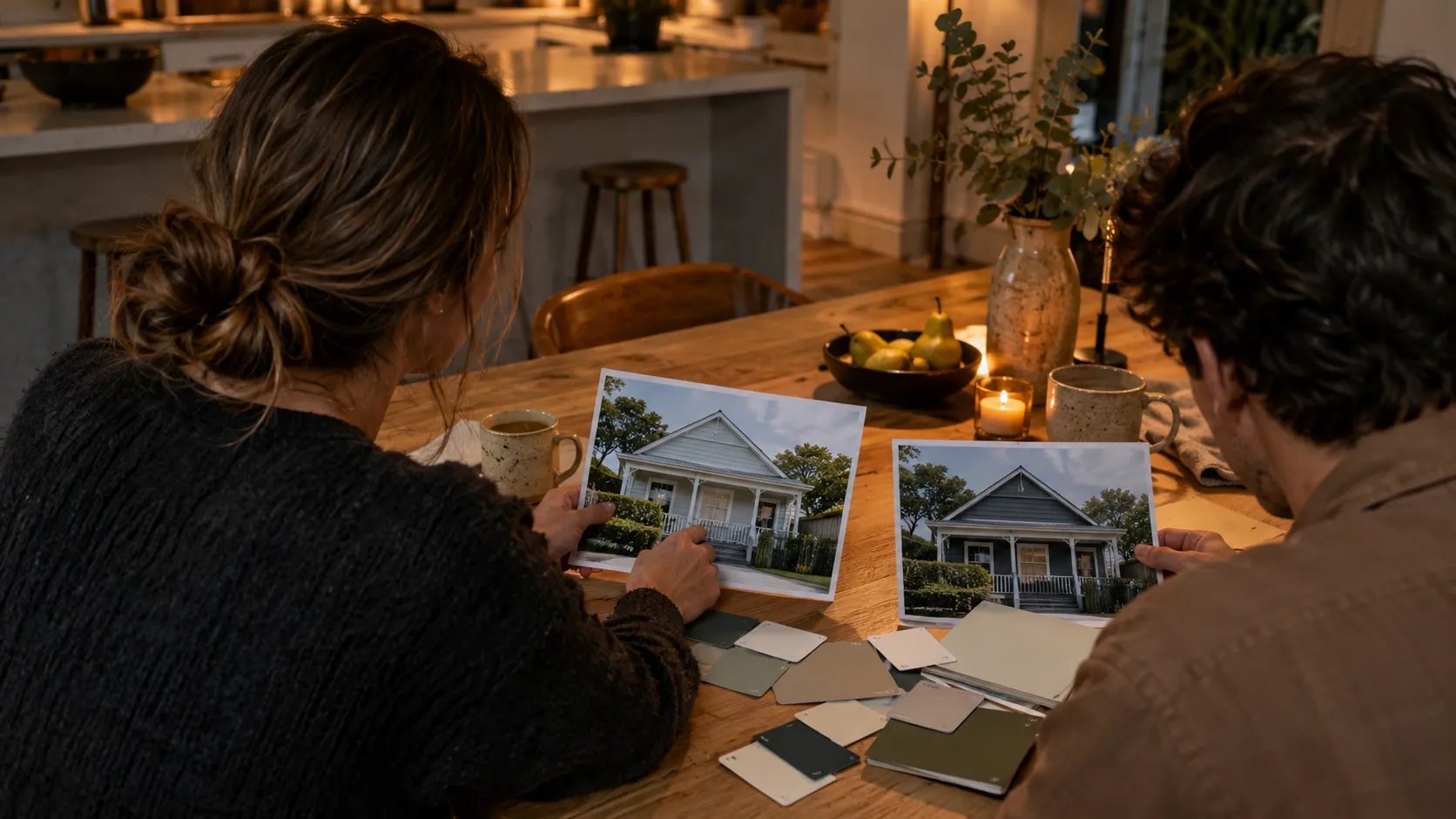 A couple at a kitchen table comparing two printed house images in different colours, with paint swatches in front of them