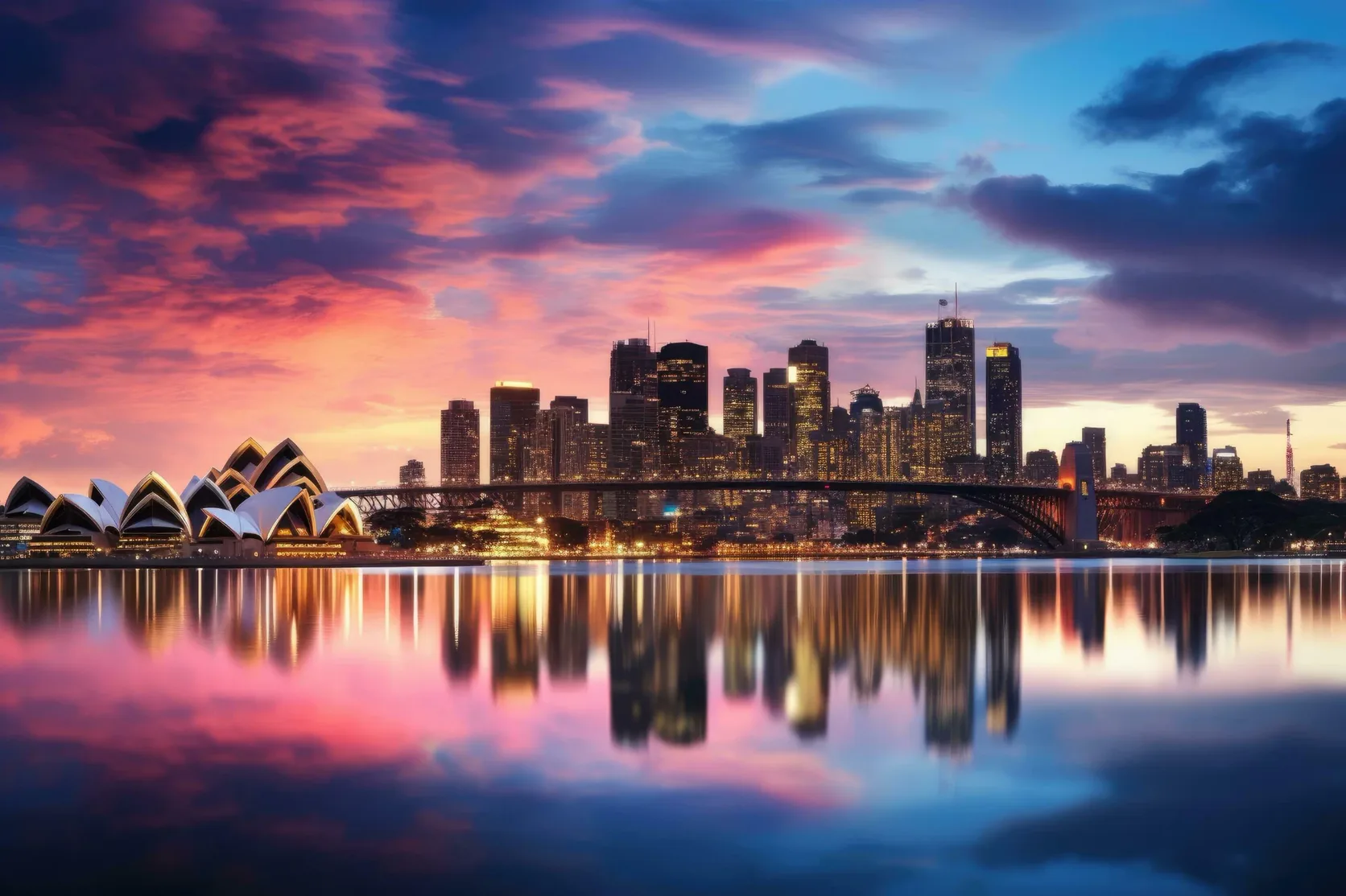 Sydney Harbour at dusk, with the Opera House, the Harbour Bridge and the city lights reflected in the water