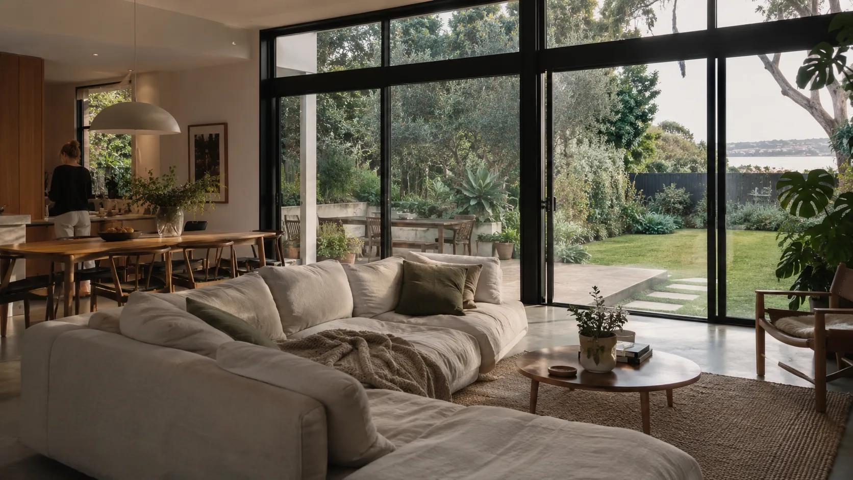 A bright living room with a linen sofa and large black-framed sliding glass doors opening to a garden