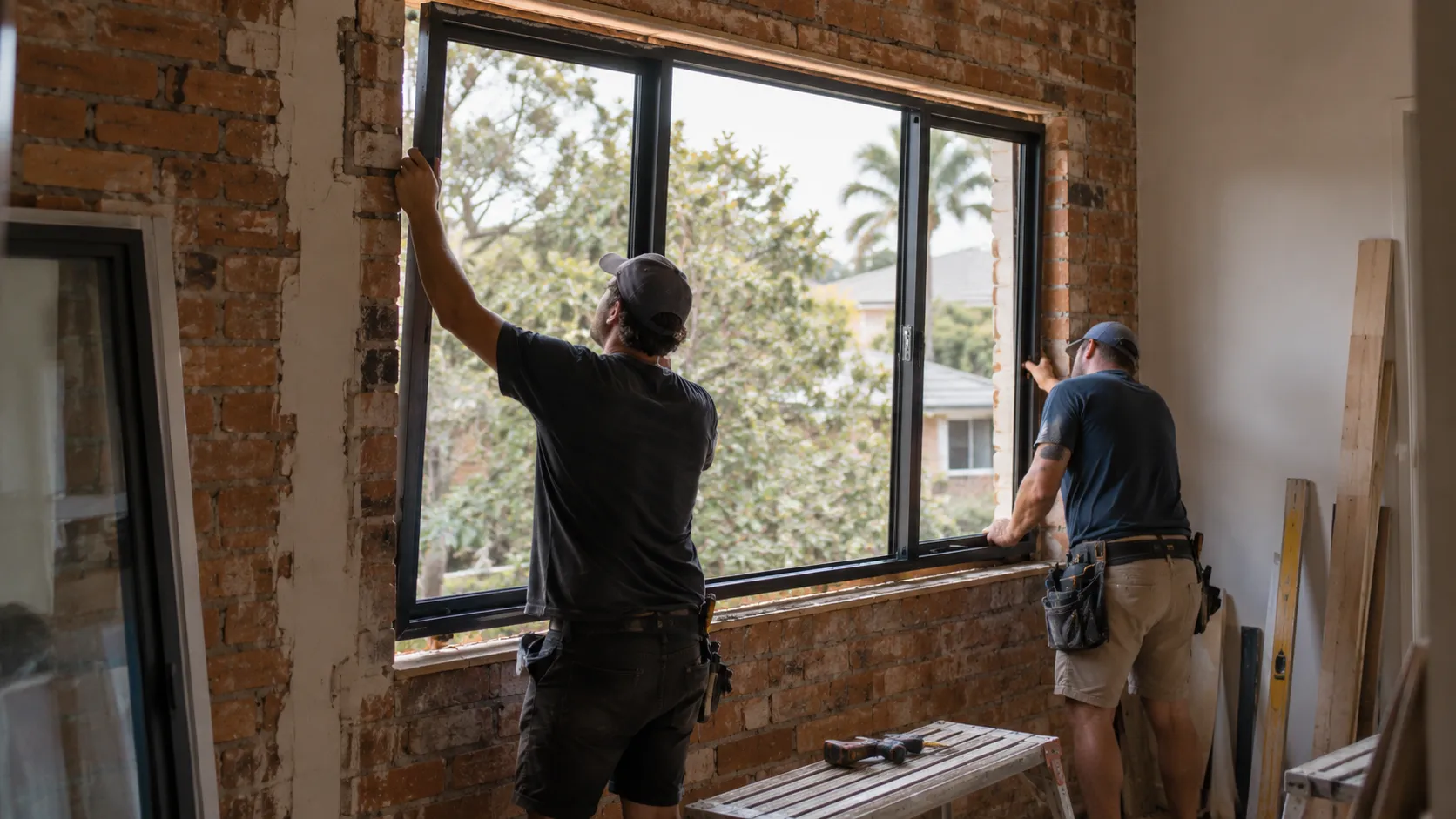 Two tradespeople lifting a black-framed window into an opening in an exposed brick wall during a renovation