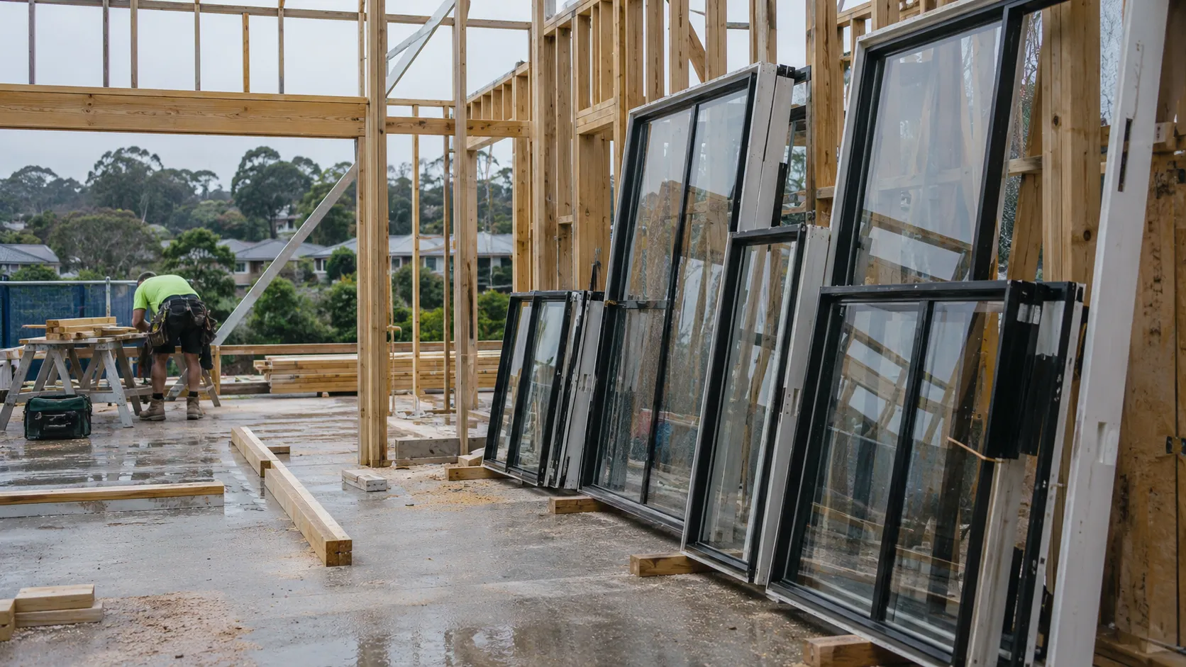 Black-framed window and door units standing upright inside a timber-framed house under construction, with a tradesperson working nearby