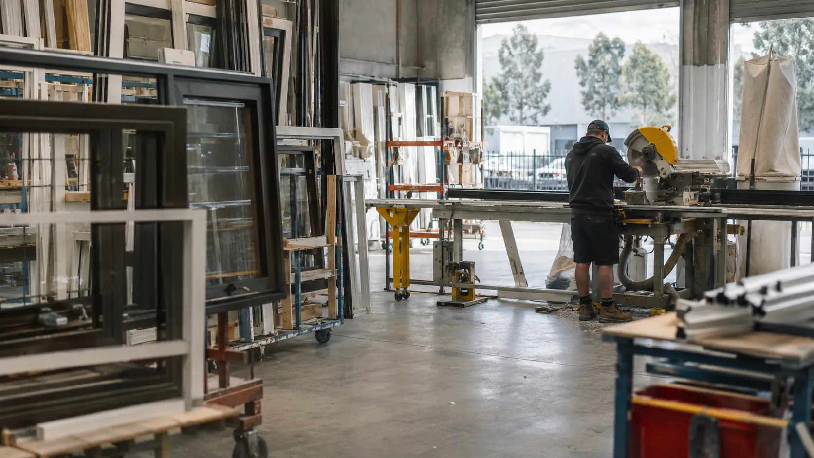 A worker using a mitre saw in a window fabrication workshop, with finished frames racked behind him