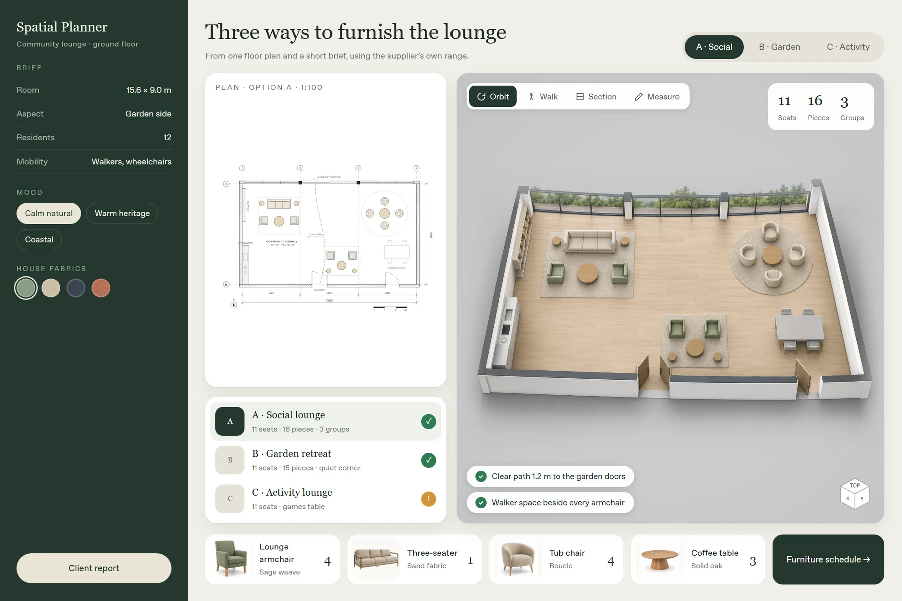 Interface showing a space planner comparing three lounge furniture layouts, with a floor plan and 3D room view