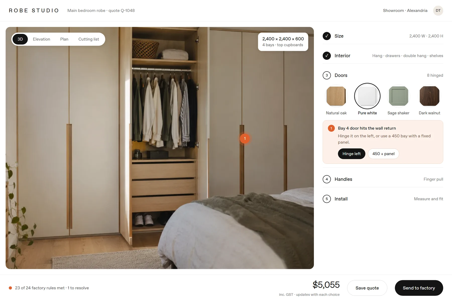Interface showing a wardrobe configurator with a 3D bedroom view, door finish swatches and a clash warning