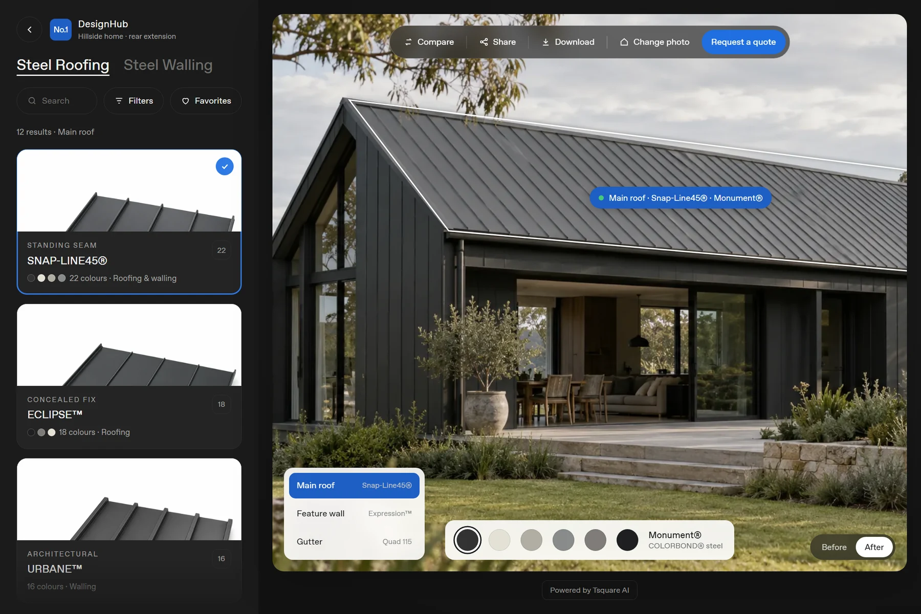 Roofing visualiser showing a dark barn-style home, steel profile list and roof colour swatches