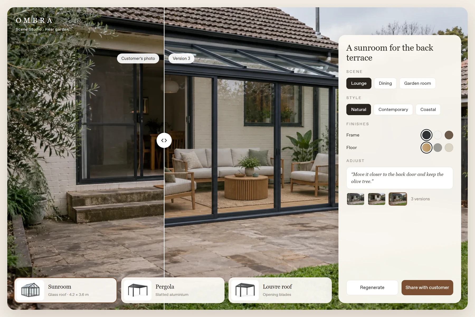 Interface showing a before-and-after slider adding a glass sunroom to a paved terrace, with style and finish options
