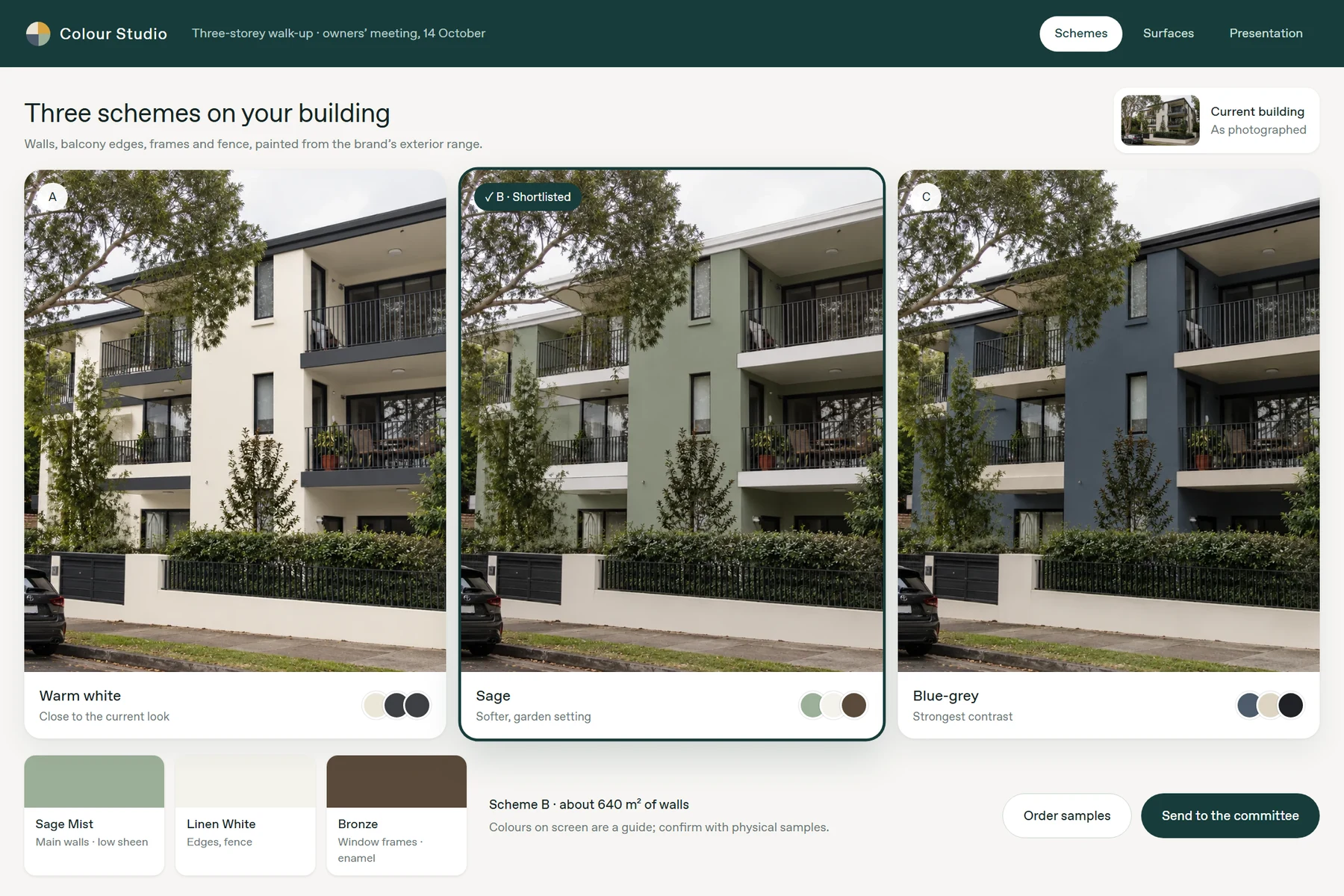Interface showing three exterior colour schemes, warm white, sage and blue-grey, applied to an apartment building
