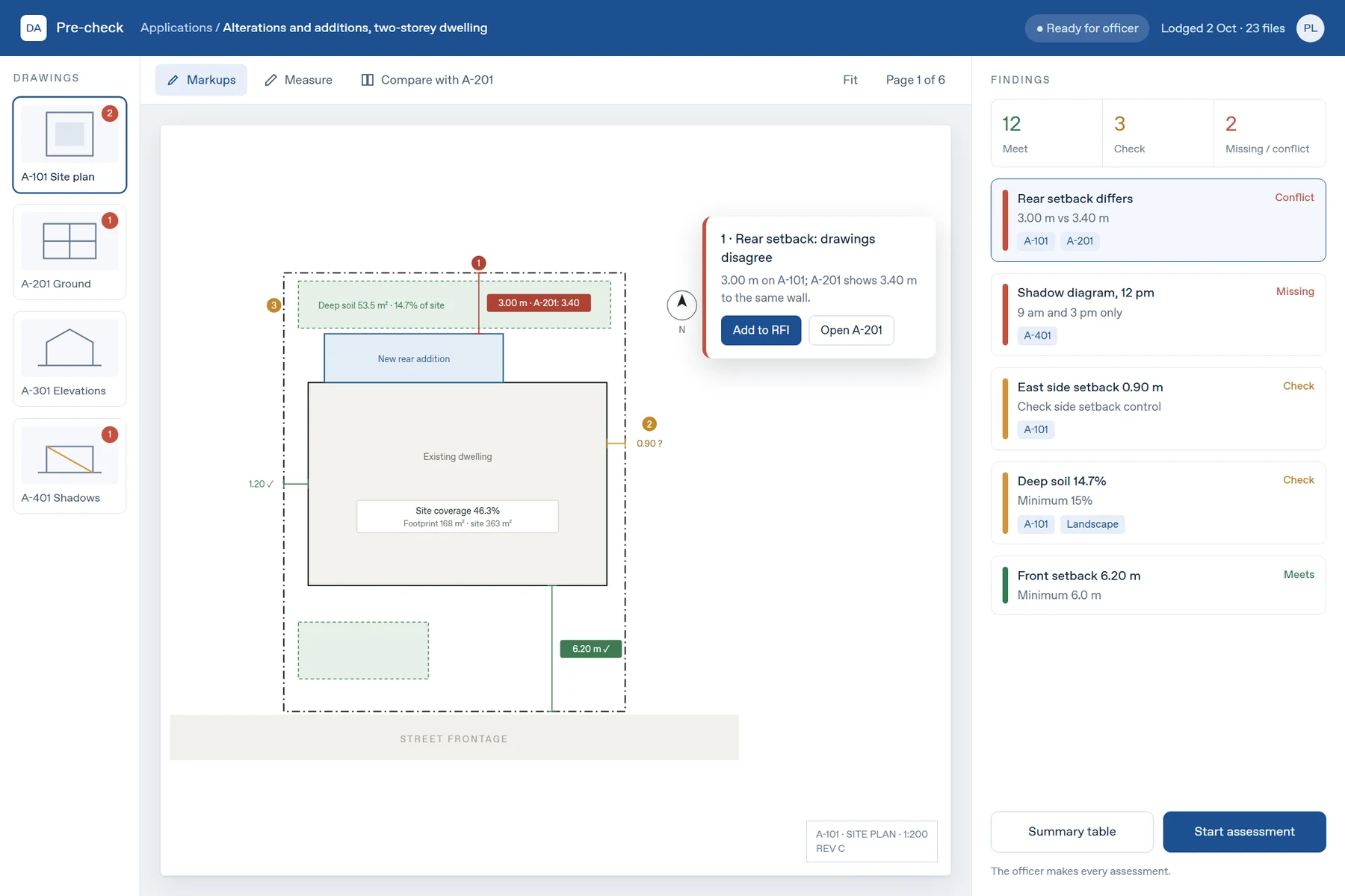 Interface showing a site plan marked up with setback measurements beside a findings list of conflicts and checks