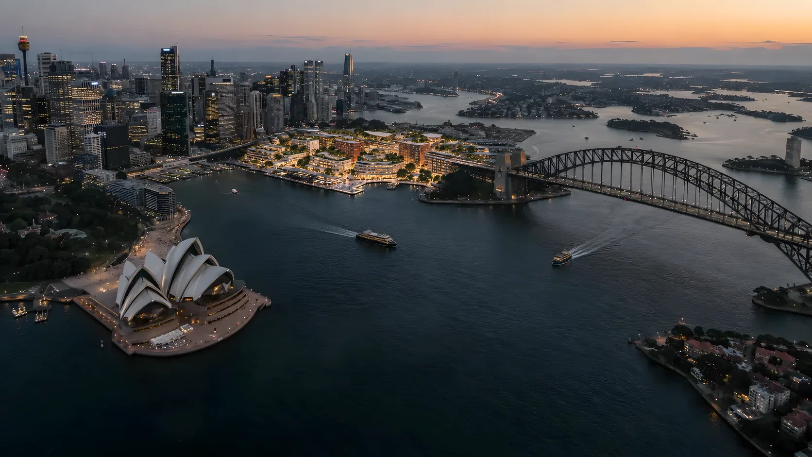Sydney Harbour with a redesigned waterfront district beside the Harbour Bridge.